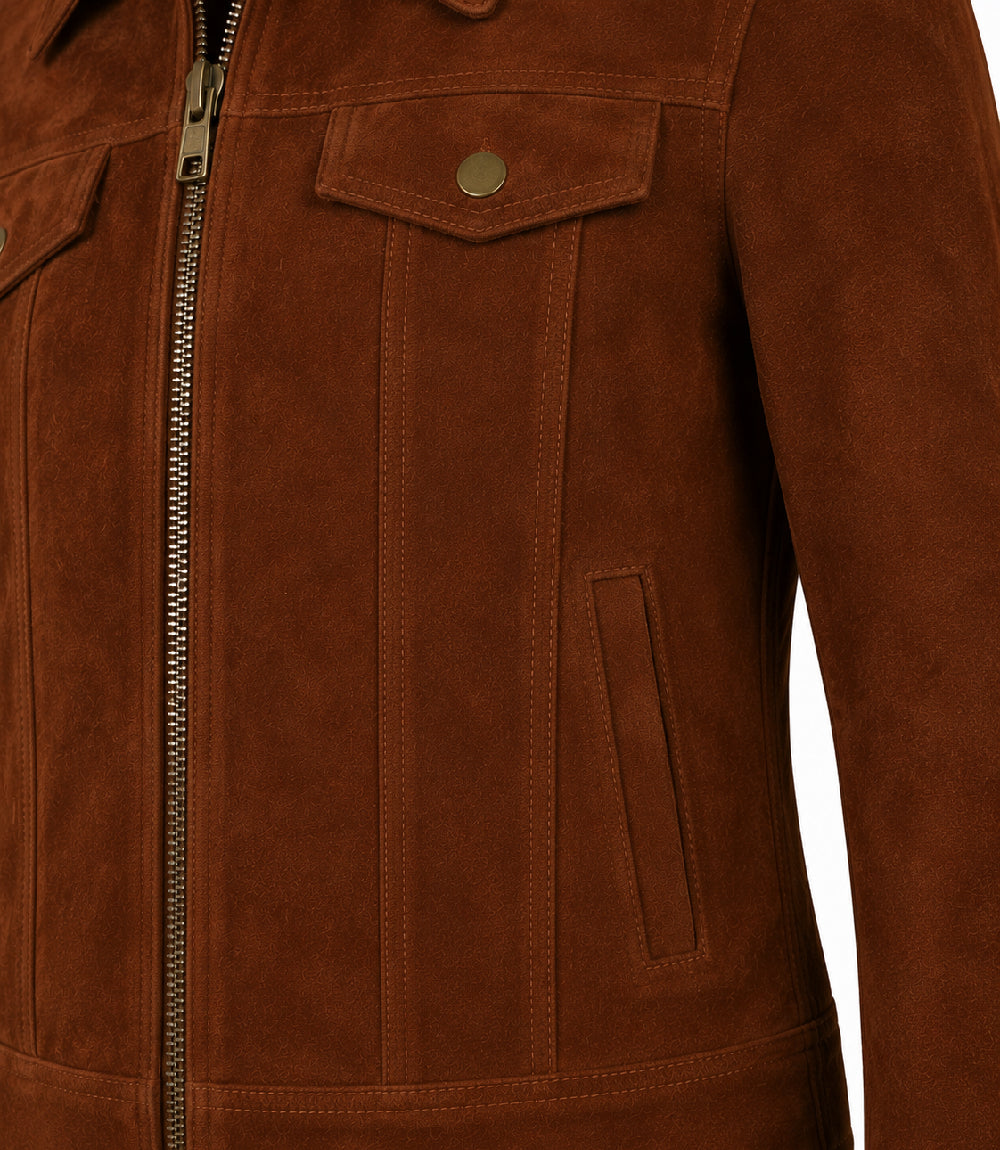 Women's Brown Suede Trucker Jacket Closeup - Jacket Aura