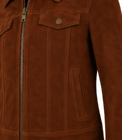 Women's Brown Suede Trucker Jacket Closeup - Jacket Aura