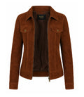 Women's Brown Suede Trucker Jacket Front - Jacket Aura