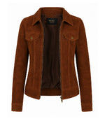 Women's Brown Suede Trucker Jacket Front - Jacket Aura