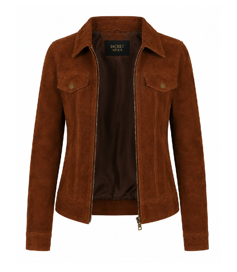 Women's Brown Suede Trucker Jacket Front - Jacket Aura