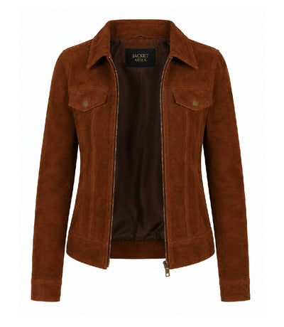 Women's Brown Suede Trucker Jacket Front - Jacket Aura