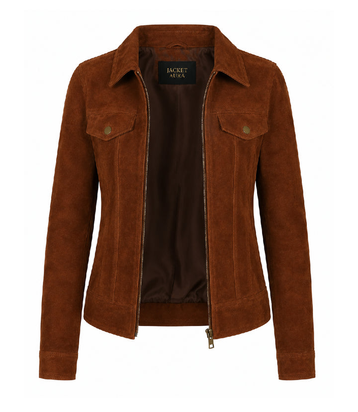 Women's Brown Suede Trucker Jacket Front - Jacket Aura