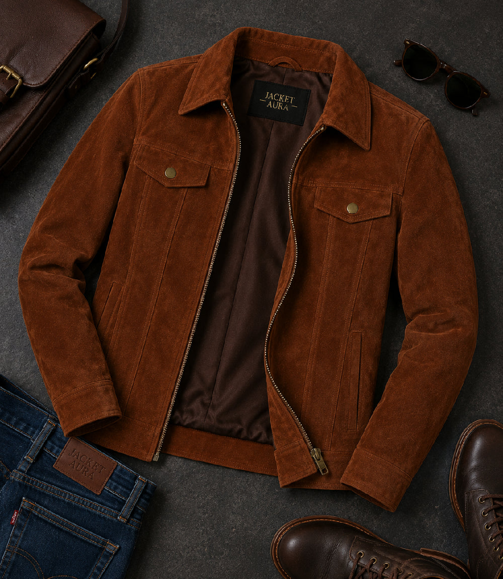 Women's Brown Suede Trucker Jacket Front View - Jacket Aura