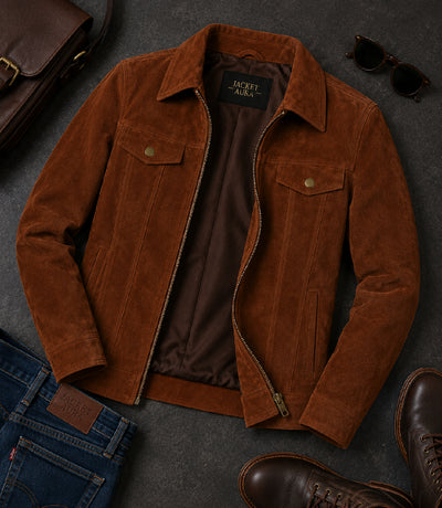 Women's Brown Suede Trucker Jacket Front View - Jacket Aura