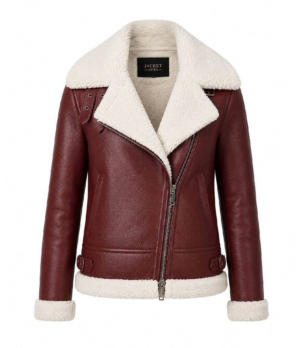 Women's Burgundy Furand Shearling Leather Jacket - Jacket Aura