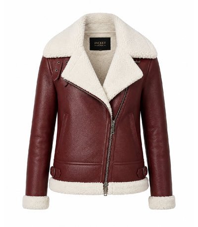 Women's Burgundy Furand Shearling Leather Jacket - Jacket Aura