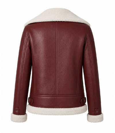 Women's Burgundy Furand Shearling Leather Jacket Back - Jacket Aura