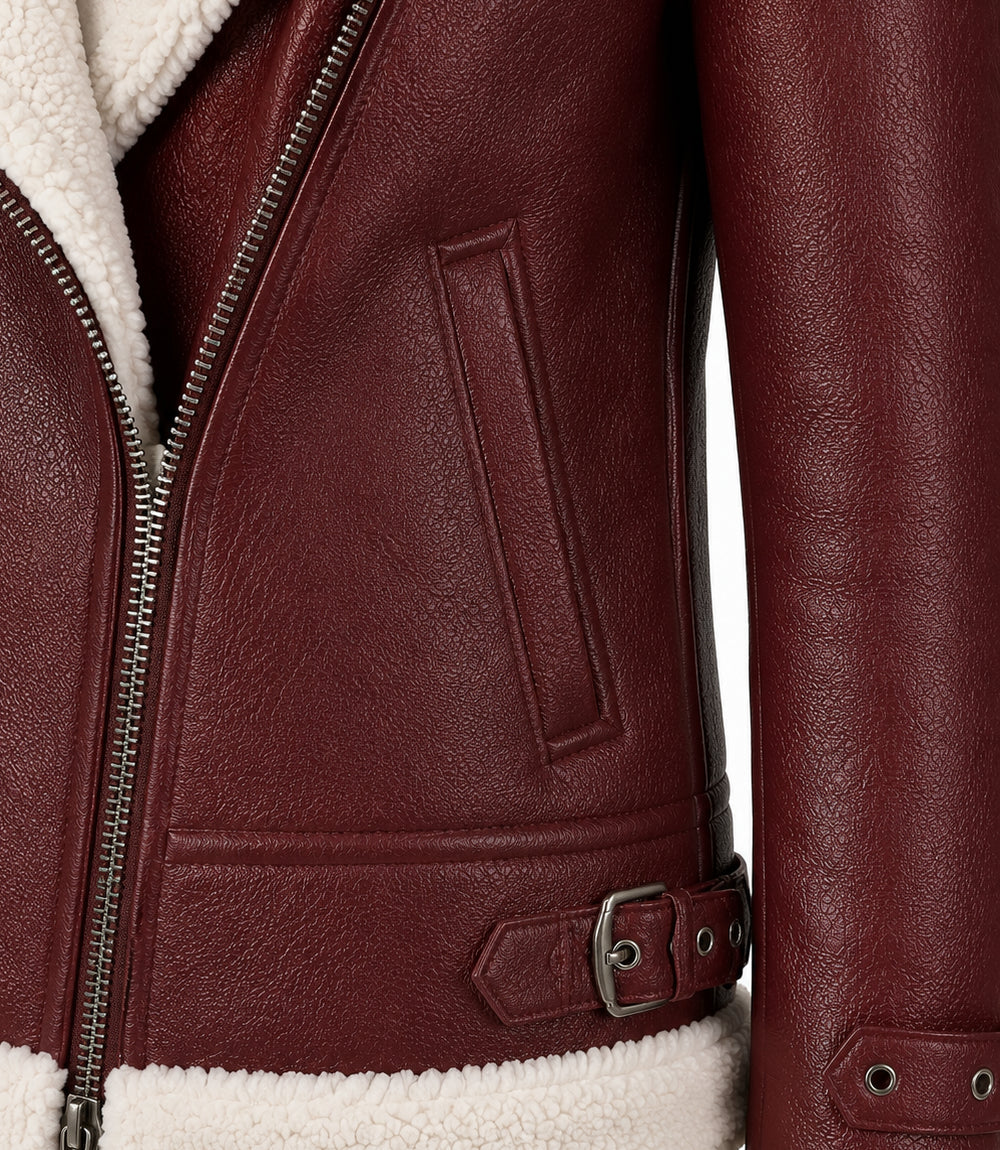 Women's Burgundy Furand Shearling Leather Jacket Closeup - Jacket Aura