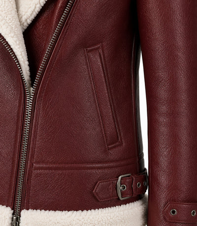 Women's Burgundy Furand Shearling Leather Jacket Closeup - Jacket Aura