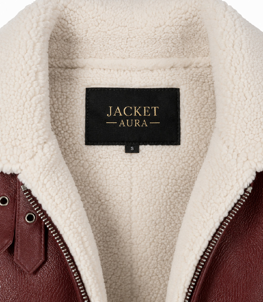 Women's Burgundy Furand Shearling Leather Jacket Collar - Jacket Aura