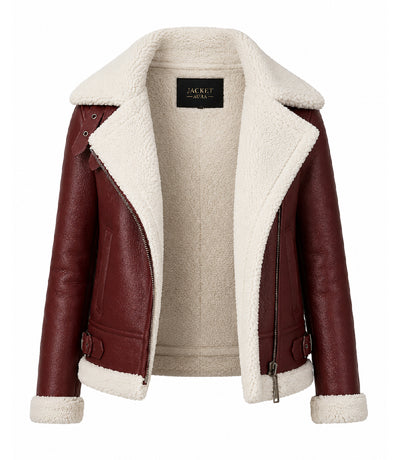 Women's Burgundy Furand Shearling Leather Jacket Front - Jacket Aura
