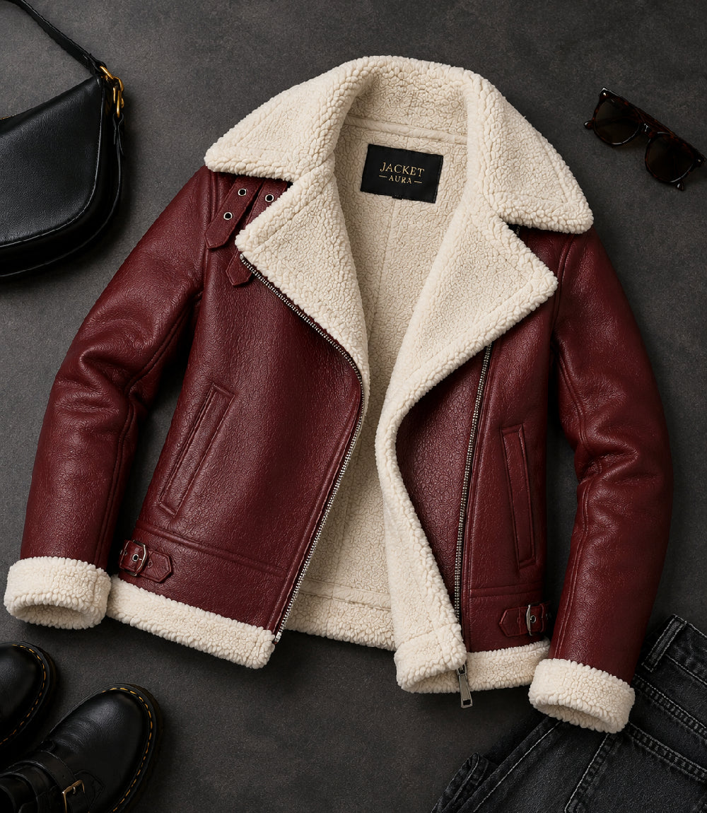 Women's Burgundy Furand Shearling Leather Jacket Front View - Jacket Aura