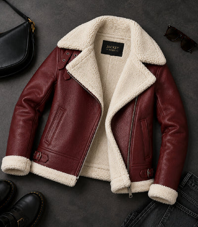 Women's Burgundy Furand Shearling Leather Jacket Front View - Jacket Aura