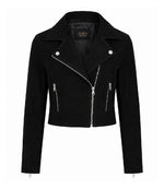 Women's Cropped Black Suede Biker Jacket - Jacet Aura