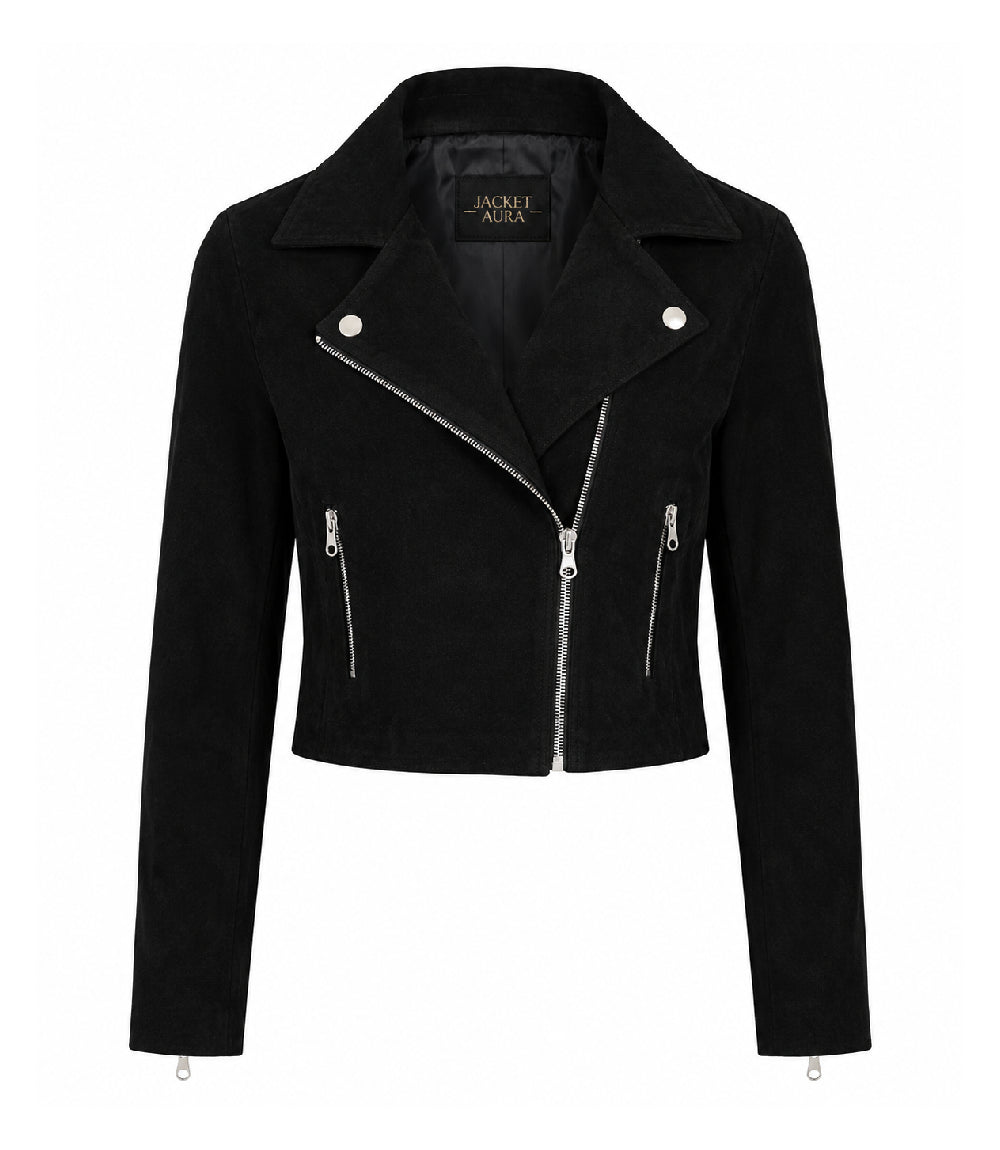 Women's Cropped Black Suede Biker Jacket - Jacet Aura