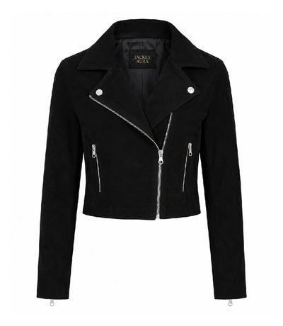 Women's Cropped Black Suede Biker Jacket - Jacet Aura