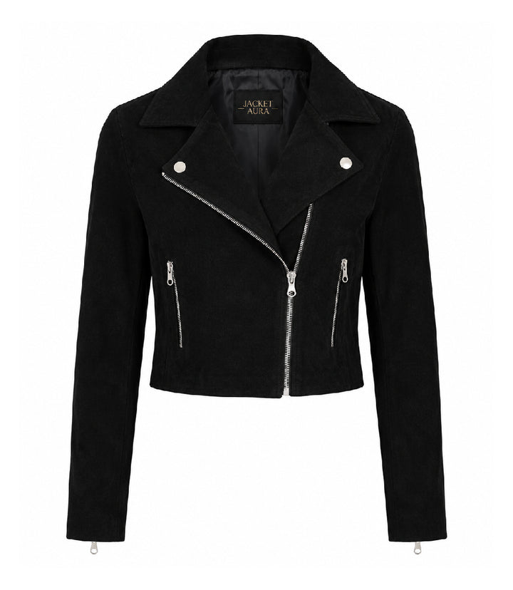 Women's Cropped Black Suede Biker Jacket - Jacet Aura