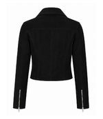 Women's Cropped Black Suede Biker Jacket Back - Jacket Aura