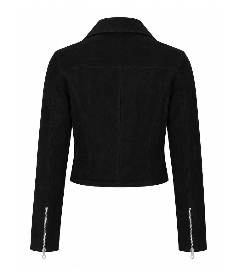 Women's Cropped Black Suede Biker Jacket Back - Jacket Aura