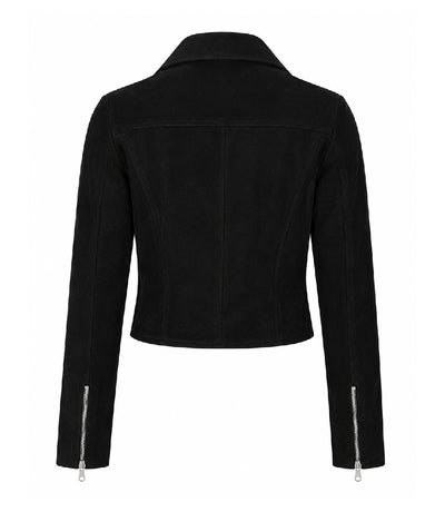 Women's Cropped Black Suede Biker Jacket Back - Jacket Aura