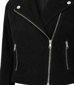 Women's Cropped Black Suede Biker Jacket Closeup - Jacket Aura