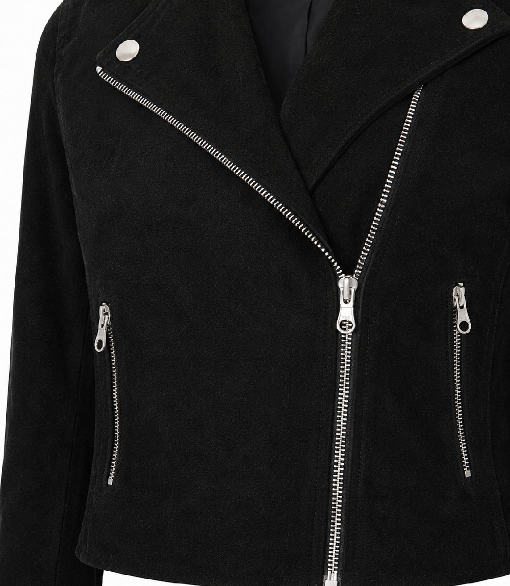 Women's Cropped Black Suede Biker Jacket Closeup - Jacket Aura