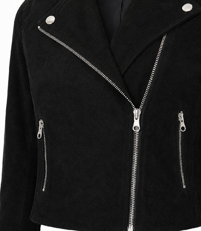 Women's Cropped Black Suede Biker Jacket Closeup - Jacket Aura