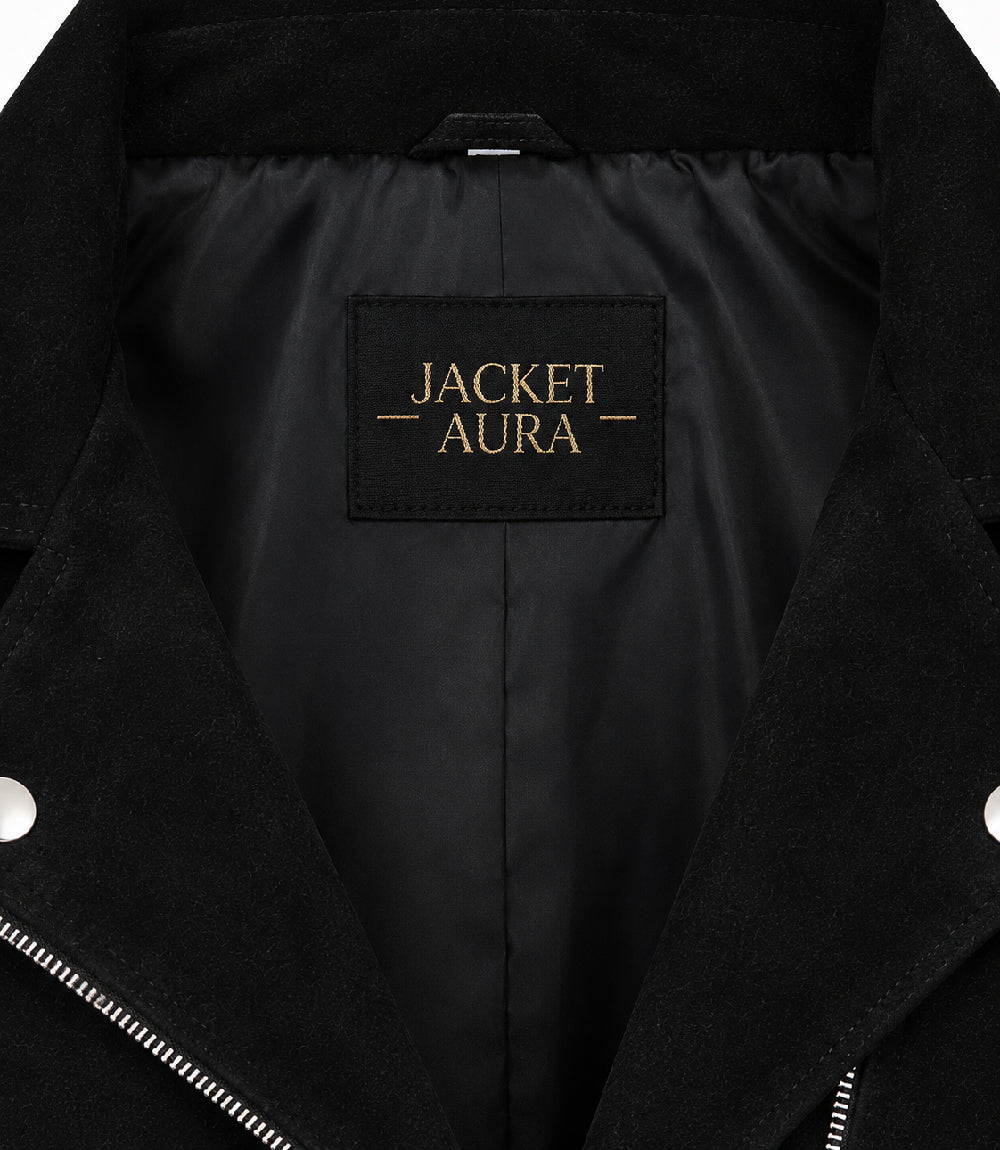 Women's Cropped Black Suede Biker Jacket Collar - Jacket Aura