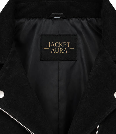 Women's Cropped Black Suede Biker Jacket Collar - Jacket Aura