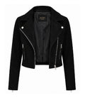 Women's Cropped Black Suede Biker Jacket Front - Jacket Aura