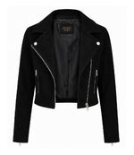 Women's Cropped Black Suede Biker Jacket Front - Jacket Aura