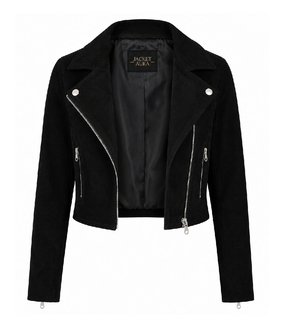 Women's Cropped Black Suede Biker Jacket Front - Jacket Aura