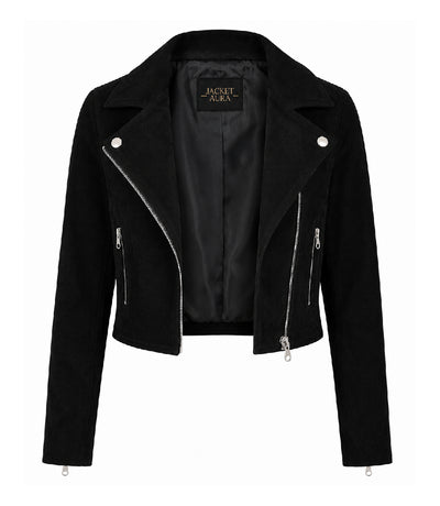 Women's Cropped Black Suede Biker Jacket Front - Jacket Aura