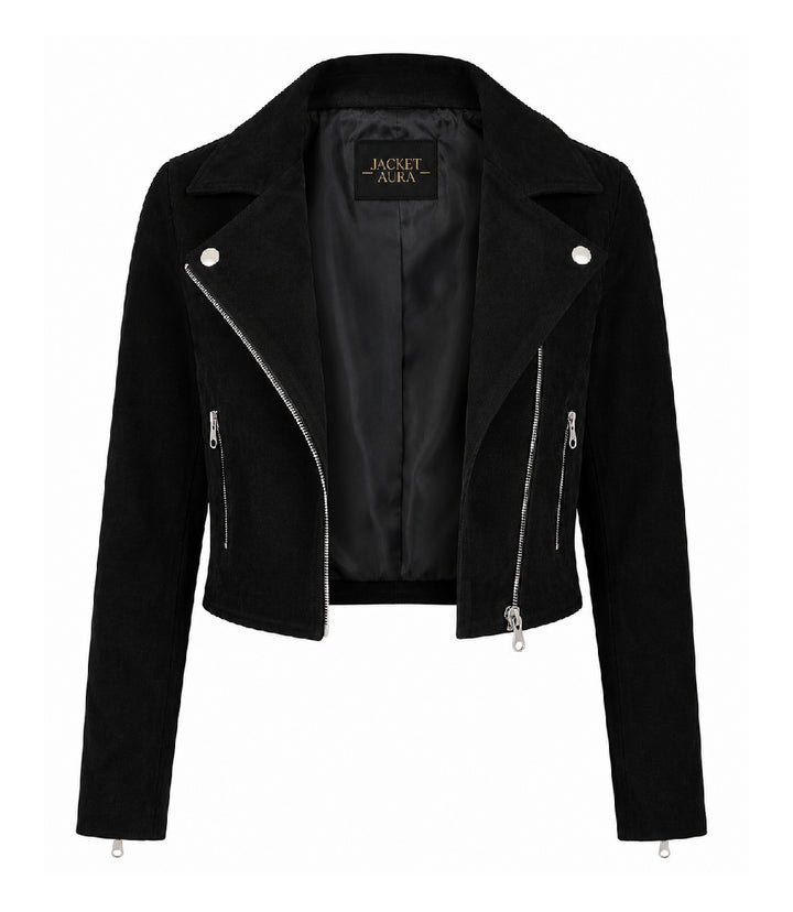 Women's Cropped Black Suede Biker Jacket Front - Jacket Aura
