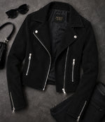 Women's Cropped Black Suede Biker Jacket Front View - Jacket Aura