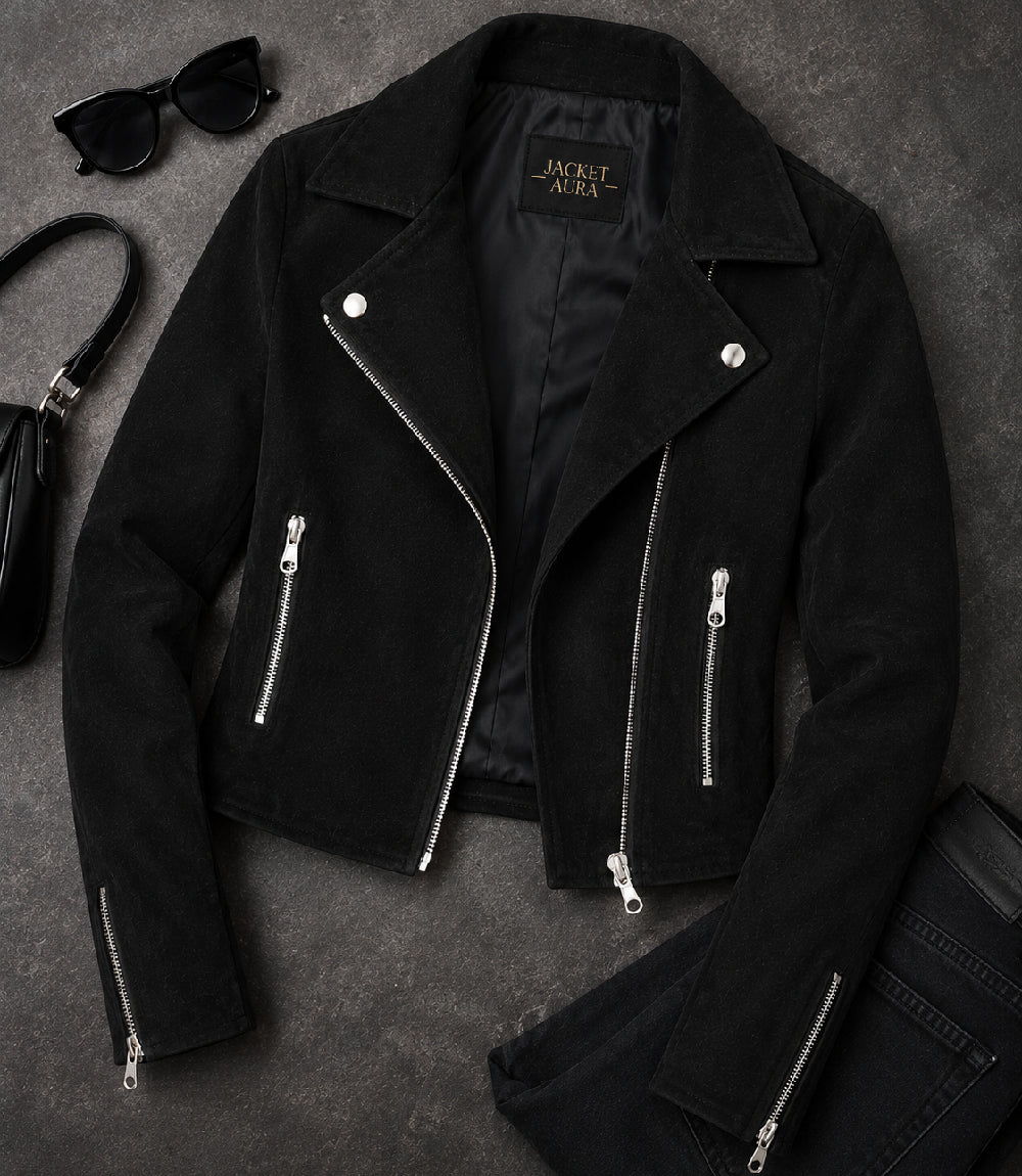 Women's Cropped Black Suede Biker Jacket Front View - Jacket Aura