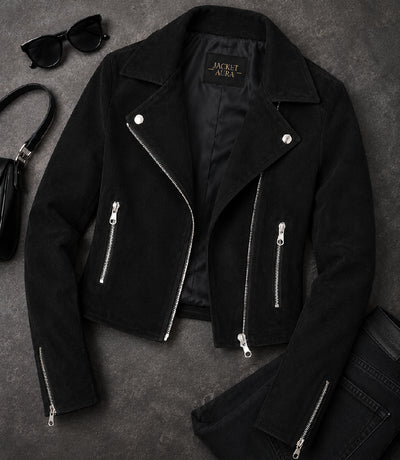 Women's Cropped Black Suede Biker Jacket Front View - Jacket Aura