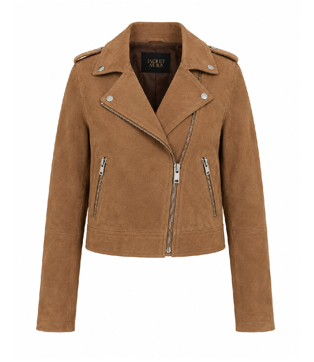 Women's Cropped Brown Suede Moto Jacket - Jacket Aura