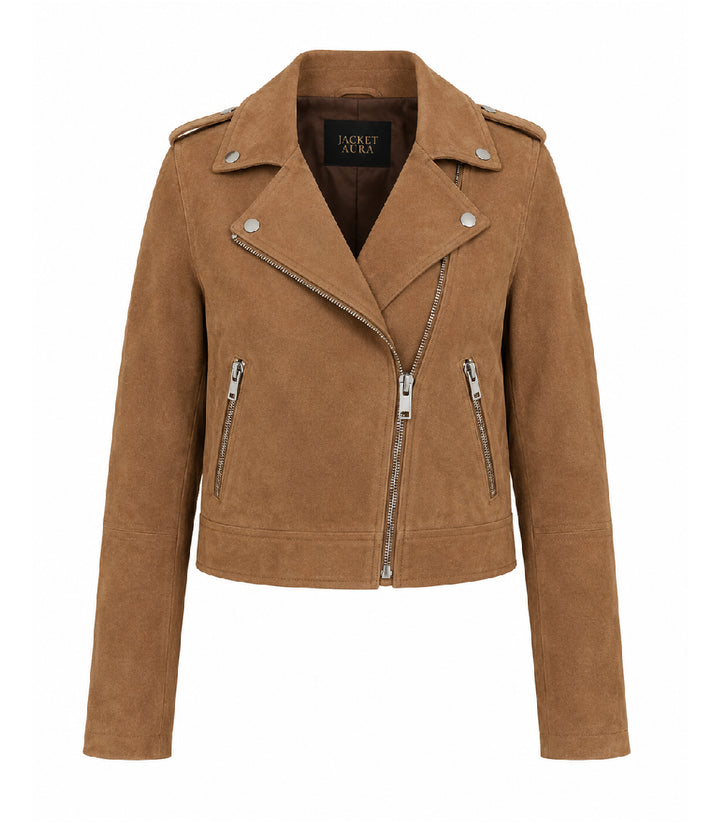 Women's Cropped Brown Suede Moto Jacket - Jacket Aura