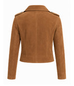 Women's Cropped Brown Suede Moto Jacket Back - Jacket Aura