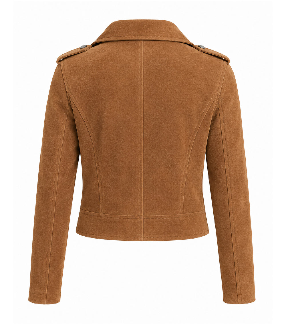 Women's Cropped Brown Suede Moto Jacket Back - Jacket Aura