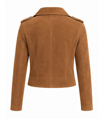 Women's Cropped Brown Suede Moto Jacket Back - Jacket Aura