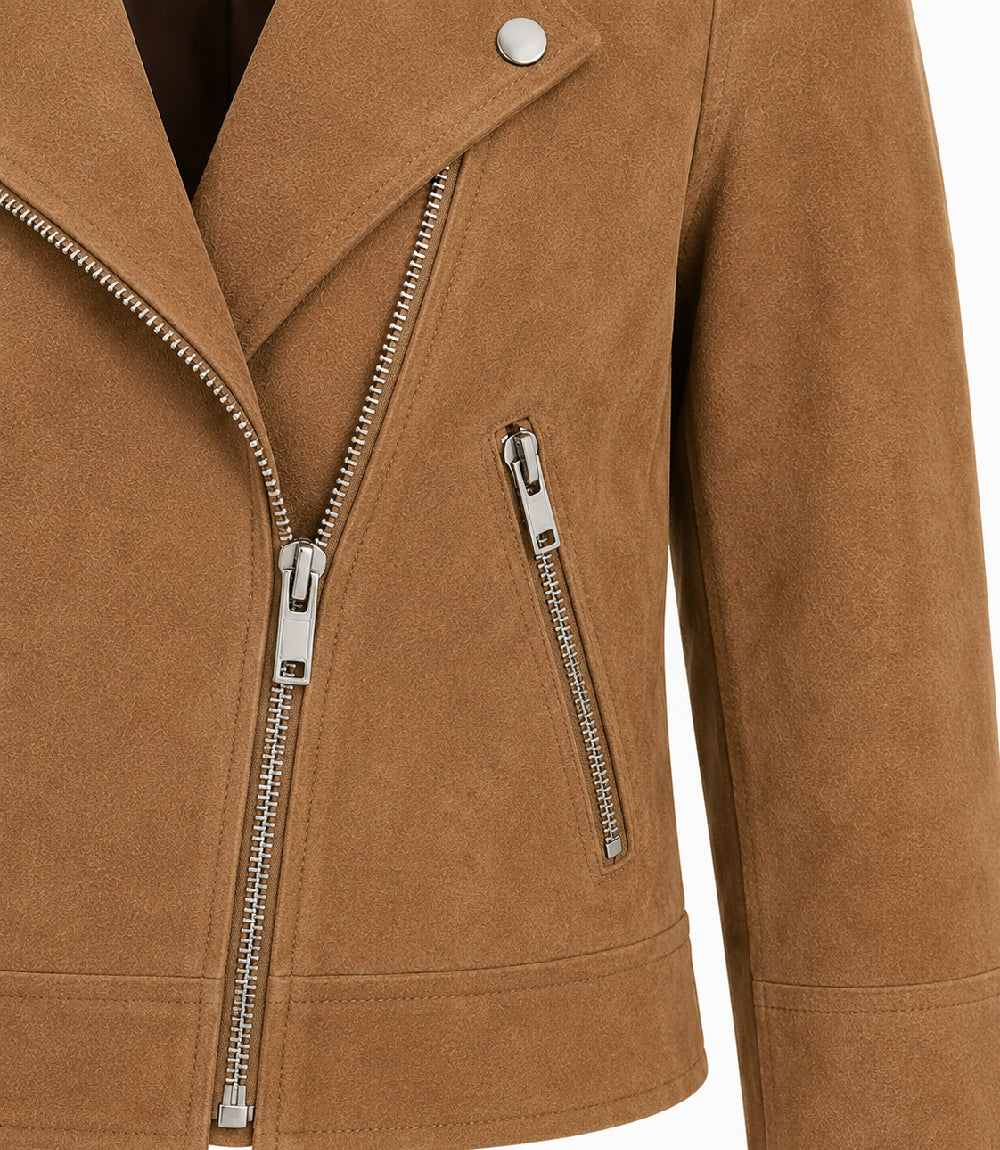 Women's Cropped Brown Suede Moto Jacket Closeup - Jacket Aura