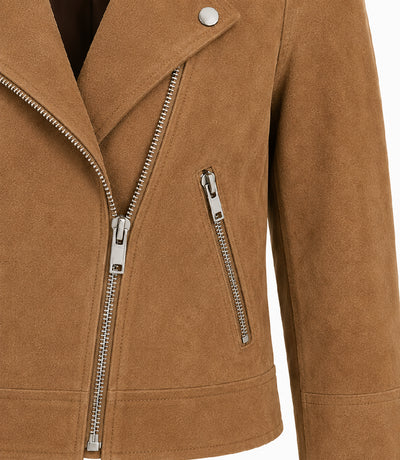 Women's Cropped Brown Suede Moto Jacket Closeup - Jacket Aura