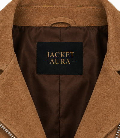 Women's Cropped Brown Suede Moto Jacket Collar - Jacket Aura