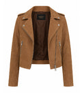 Women's Cropped Brown Suede Moto Jacket Front - Jacket Aura