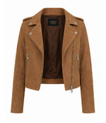 Women's Cropped Brown Suede Moto Jacket Front - Jacket Aura