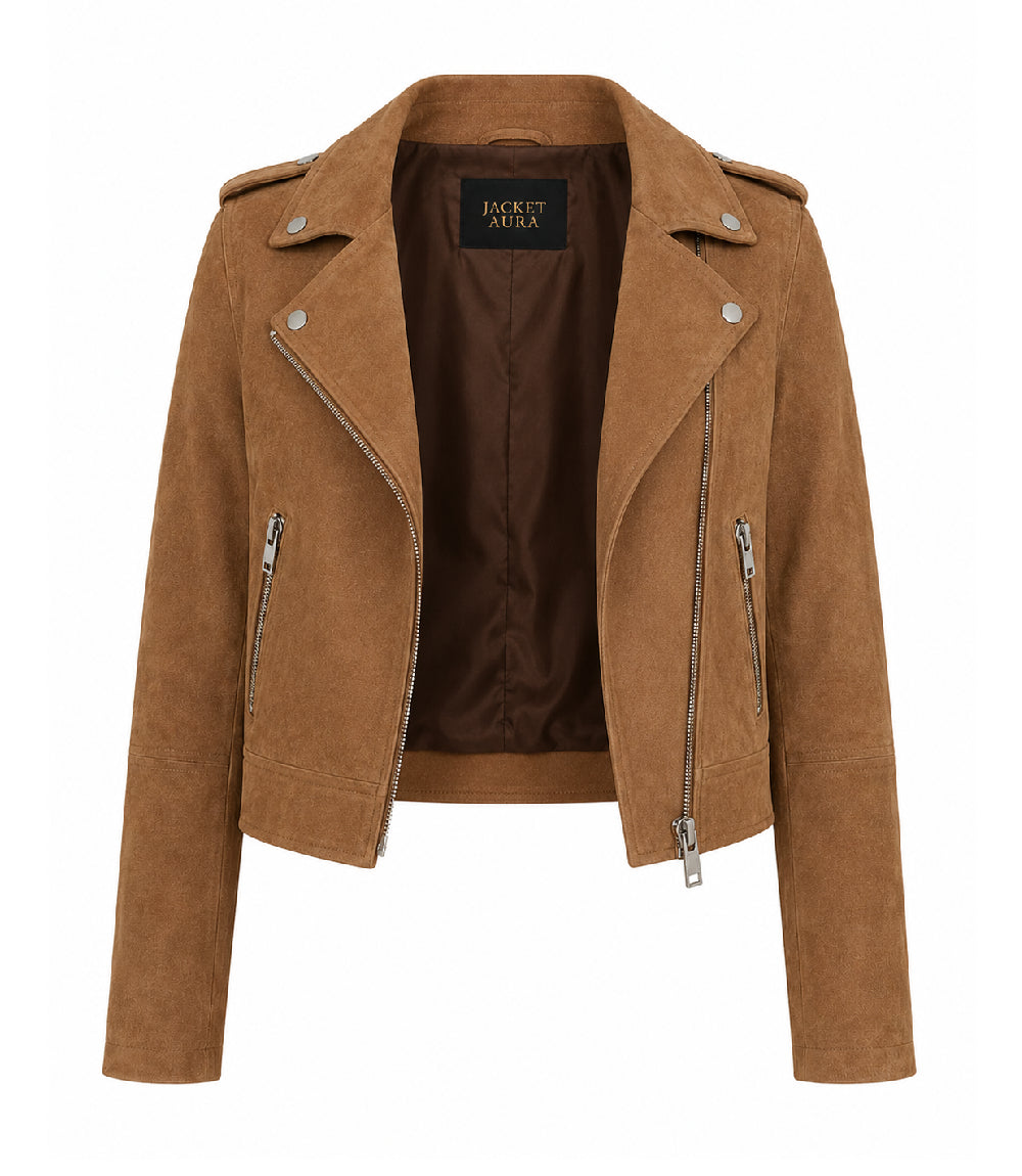 Women's Cropped Brown Suede Moto Jacket Front - Jacket Aura