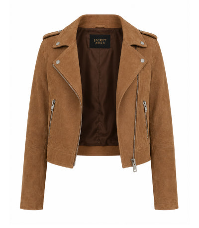 Women's Cropped Brown Suede Moto Jacket Front - Jacket Aura
